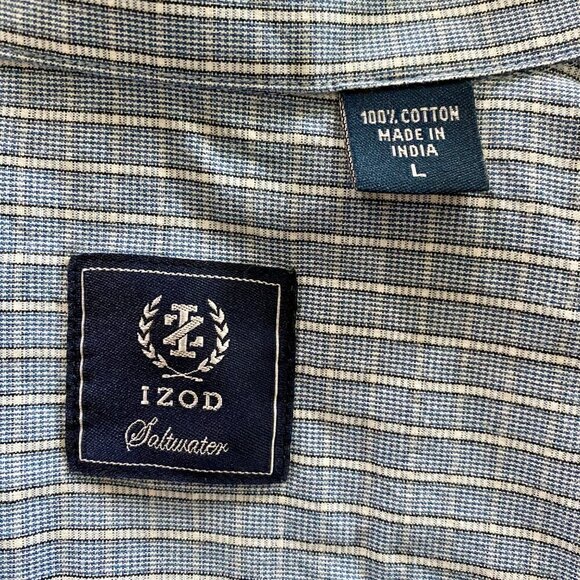 Izod Saltwater Long Sleeve Blue White Cotton Button Down Shirt Men's Large - Picture 7 of 10